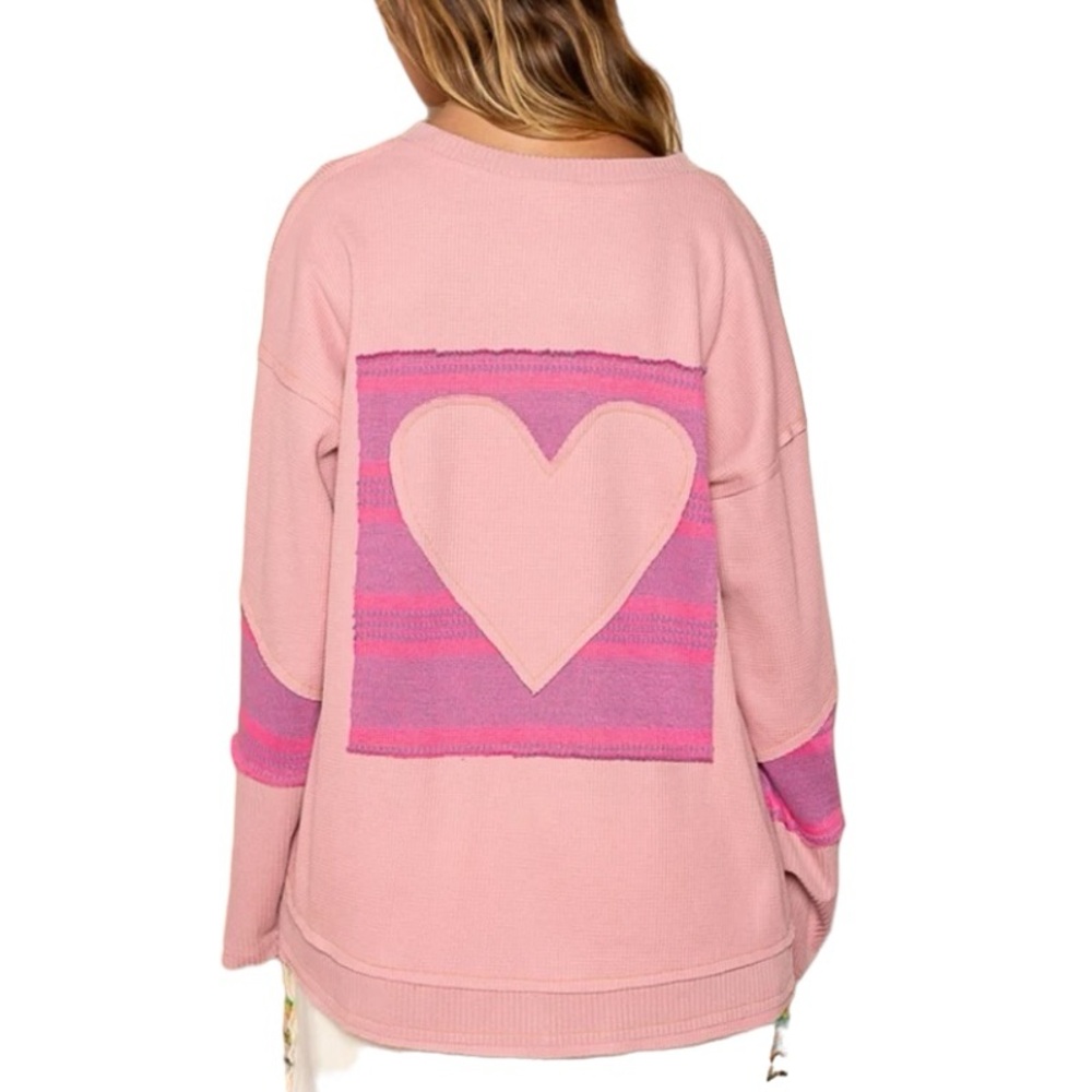 POL Pink Heart Patch Slouchy Waffle Knit Top
